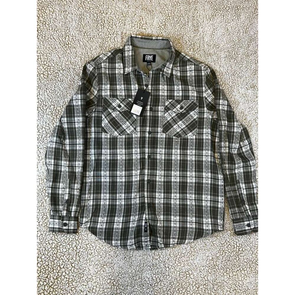 Frye Mens Medium Olive Plaid Button Up Shirt Western Workwear Long Sleeve NWT